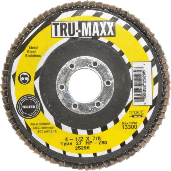 Tru-Maxx - 80 Grit, 4-1/2" Disc Diam, 7/8" Center Hole, Type 27 Zirconia Alumina Flap Disc - 13,300 Max RPM, Arbor Attaching System, Coated - Exact Tooling