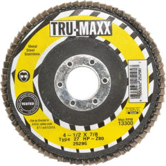 Tru-Maxx - 80 Grit, 4-1/2" Disc Diam, 7/8" Center Hole, Type 27 Zirconia Alumina Flap Disc - 13,300 Max RPM, Arbor Attaching System, Coated - Exact Tooling