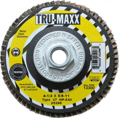 Tru-Maxx - 40 Grit, 4-1/2" Disc Diam, 5/8-11 Center Hole, Type 27 Zirconia Alumina Flap Disc - 13,300 Max RPM, Arbor Attaching System, Coated - Exact Tooling
