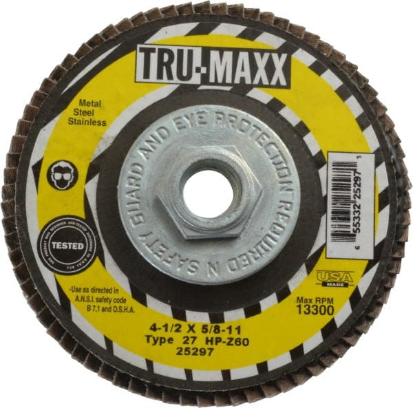 Tru-Maxx - 60 Grit, 4-1/2" Disc Diam, 5/8-11 Center Hole, Type 27 Zirconia Alumina Flap Disc - 13,300 Max RPM, Arbor Attaching System, Coated - Exact Tooling