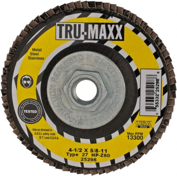 Tru-Maxx - 80 Grit, 4-1/2" Disc Diam, 5/8-11 Center Hole, Type 27 Zirconia Alumina Flap Disc - 13,300 Max RPM, Arbor Attaching System, Coated - Exact Tooling
