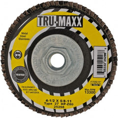 Tru-Maxx - 80 Grit, 4-1/2" Disc Diam, 5/8-11 Center Hole, Type 27 Zirconia Alumina Flap Disc - 13,300 Max RPM, Arbor Attaching System, Coated - Exact Tooling