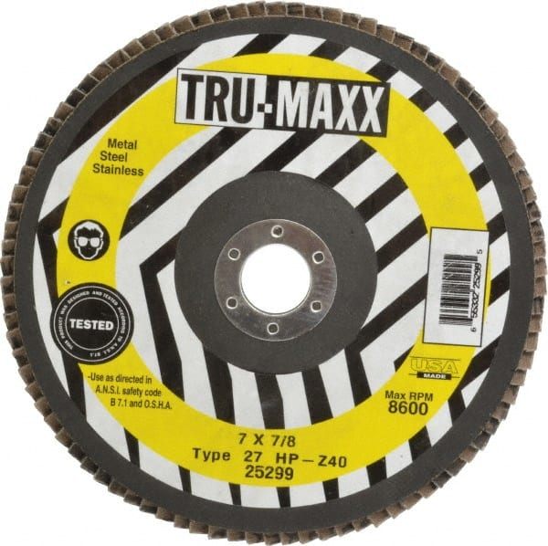 Tru-Maxx - 40 Grit, 7" Disc Diam, 7/8" Center Hole, Type 27 Zirconia Alumina Flap Disc - 8,600 Max RPM, Arbor Attaching System, Coated - Exact Tooling