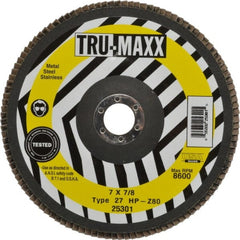 Tru-Maxx - 80 Grit, 7" Disc Diam, 7/8" Center Hole, Type 27 Zirconia Alumina Flap Disc - 8,600 Max RPM, Arbor Attaching System, Coated - Exact Tooling