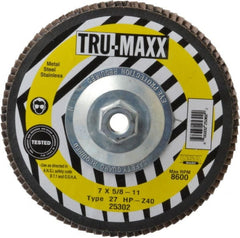 Tru-Maxx - 40 Grit, 7" Disc Diam, 5/8-11 Center Hole, Type 27 Zirconia Alumina Flap Disc - 8,600 Max RPM, Arbor Attaching System, Coated - Exact Tooling
