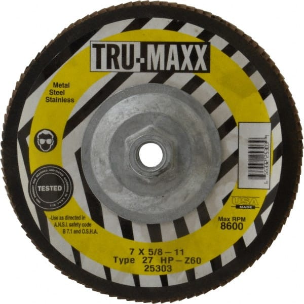 Tru-Maxx - 60 Grit, 7" Disc Diam, 5/8-11 Center Hole, Type 27 Zirconia Alumina Flap Disc - 8,600 Max RPM, Arbor Attaching System, Coated - Exact Tooling