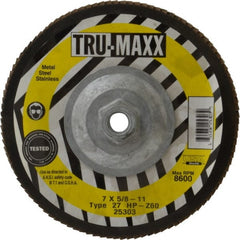 Tru-Maxx - 60 Grit, 7" Disc Diam, 5/8-11 Center Hole, Type 27 Zirconia Alumina Flap Disc - 8,600 Max RPM, Arbor Attaching System, Coated - Exact Tooling