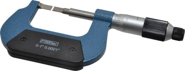 Fowler - 0" to 1" Mechanical Baked Enamel (Frame) & Satin Chrome (Graduations) Coated Blade Micrometer - 0.0001" Accuracy, 0.0001" Graduation, 0.03" Blade Thickness, Ratchet Stop Thimble - Exact Tooling