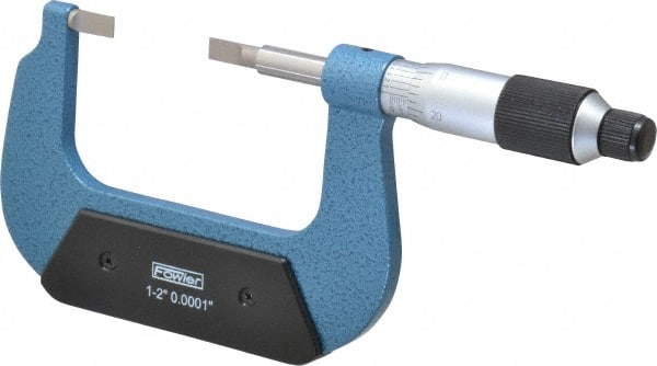 Fowler - 1" to 2" Mechanical Baked Enamel (Frame) & Satin Chrome (Graduations) Coated Blade Micrometer - 0.0001" Graduation, 0.03" Blade Thickness, Ratchet Stop Thimble - Exact Tooling