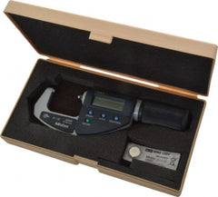 Mitutoyo - 0 to 1.2 Inch Range, 0.0001 Inch Resolution, Standard Throat, IP54 Electronic Outside Micrometer - 0.0001 Inch Accuracy, Ratchet Friction Thimble, Carbide Face, SR44 Battery, Data Output, Plastic Case - Exact Tooling