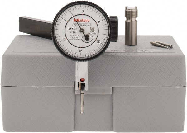 Mitutoyo - 9 Piece, 0" to 0.06" Measuring Range, 40mm Dial Diam, 0-15-0 Dial Reading, White Dial Test Indicator Kit - 0.0005" Accuracy, 0.78" Contact Point Length, 0.039, 0.079 & 0.118" Ball Diam, 0.0005" Dial Graduation - Exact Tooling