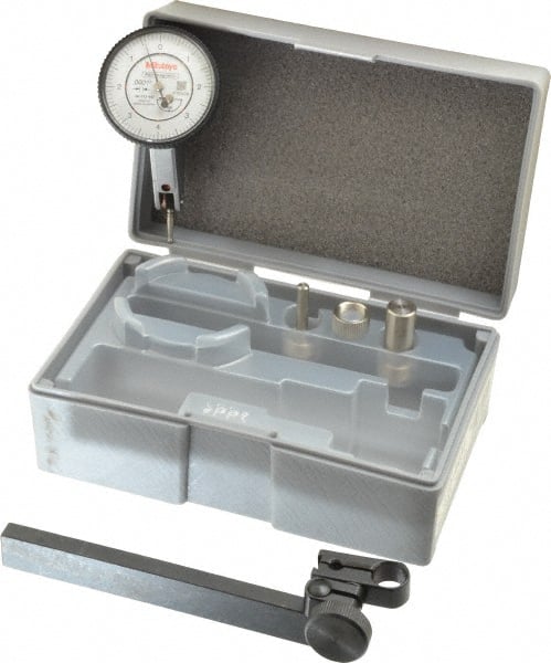 Mitutoyo - 9 Piece, 0" to 0.016" Measuring Range, 40mm Dial Diam, 0-4-0 Dial Reading, White Dial Test Indicator Kit - 0.0005" Accuracy, 0.59" Contact Point Length, 0.039, 0.079 & 0.118" Ball Diam, 0.0001" Dial Graduation - Exact Tooling