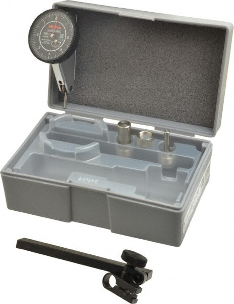 Mitutoyo - 9 Piece, 0" to 0.016" Measuring Range, 40mm Dial Diam, 0-4-0 Dial Reading, Black Dial Test Indicator Kit - 0.0002" Accuracy, 0.59" Contact Point Length, 0.039, 0.079 & 0.118" Ball Diam, 0.0001" Dial Graduation - Exact Tooling