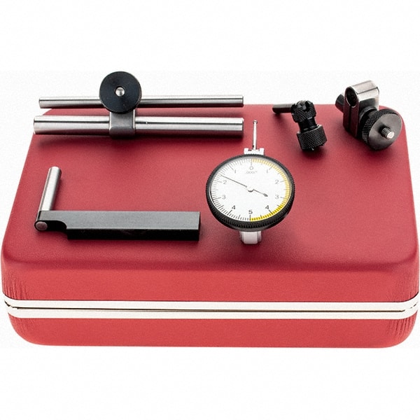 Starrett - 5 Piece, 0" to 0.01" Measuring Range, 1-3/8" Dial Diam, 0-5-0 Dial Reading, Red Dial Test Indicator Kit - 13/16" Contact Point Length, 1.98mm Ball Diam, 0.0001" Dial Graduation - Exact Tooling