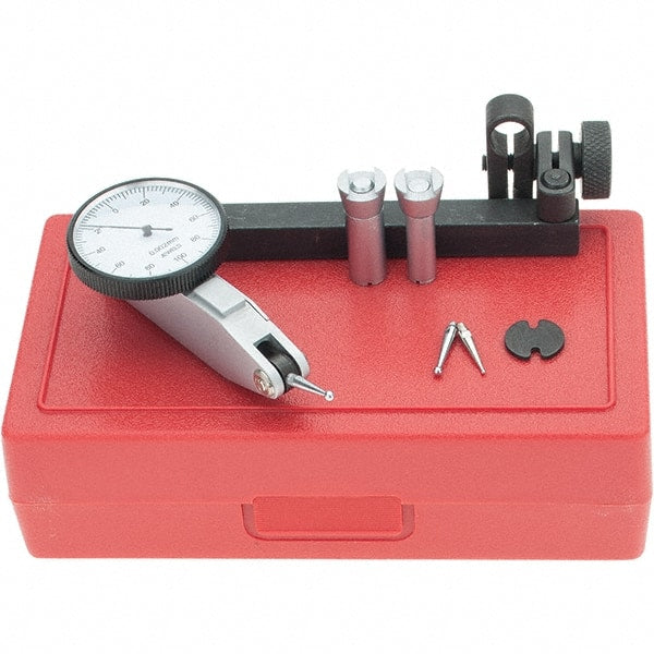 Starrett - 5 Piece, 0mm to 0.2mm Measuring Range, 1-3/8" Dial Diam, 0-100-0 Dial Reading, Yellow Dial Test Indicator Kit - 5/8" Contact Point Length, 2mm Ball Diam, 0.002mm Dial Graduation - Exact Tooling