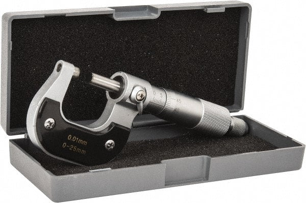 Value Collection - 0 to 25mm Range, 0.01mm Graduation, Mechanical Outside Micrometer - Ratchet Stop Thimble - Exact Tooling
