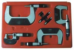 Value Collection - 0 to 75mm Range, 3 Piece Mechanical Outside Micrometer Set - 0.01mm Graduation, 0.000160, 0.000200 Accuracy, Ratchet Stop Thimble, Carbide Tipped, Forged Steel (Frame) Face - Exact Tooling