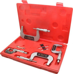Value Collection - 0 to 100mm Range, 4 Piece Mechanical Outside Micrometer Set - 0.01mm Graduation, 0.000160, 0.000200 Accuracy, Ratchet Stop Thimble, Carbide Tipped, Forged Steel (Frame) Face - Exact Tooling