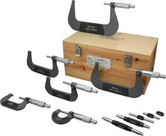 Value Collection - 0 to 150mm Range, 6 Piece Mechanical Outside Micrometer Set - 0.01mm Graduation, 0.000160, 0.000200, 0.000240 Accuracy, Ratchet Stop Thimble, Carbide Tipped, Forged Steel (Frame) Face - Exact Tooling