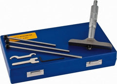 Fowler - 0 to 4" Range, 4 Rod, Satin Chrome Finish Mechanical Depth Micrometer - Ratchet Stop Thimble, 4" Base Length, 0.01mm Graduation, 0.176" Rod Diam - Exact Tooling