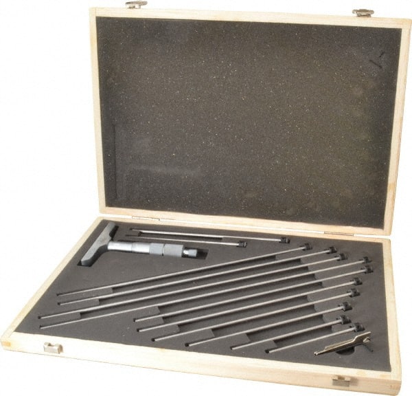 Fowler - 0 to 12" Range, 12 Rod, Satin Chrome Finish Mechanical Depth Micrometer - Ratchet Stop Thimble, 4" Base Length, 0.01mm Graduation, 0.176" Rod Diam - Exact Tooling