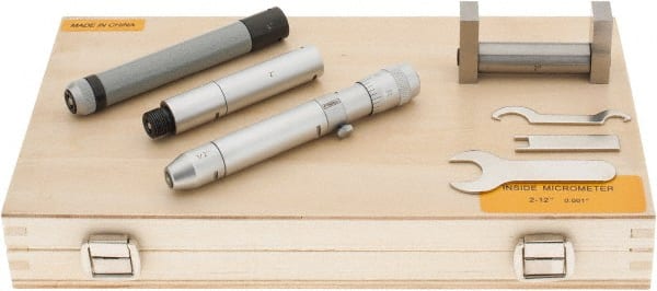 Fowler - 2 to 12", Satin Chrome Coated, Mechanical Inside Micrometer Set - 0.001" Graduation, Friction Thimble, Includes Fitted Case, Standard & Wrench - Exact Tooling