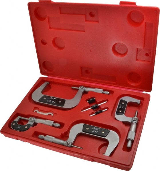 Value Collection - 0 to 4" Range, 4 Piece Mechanical Outside Micrometer Set - 0.0001" Graduation, 0.000160, 0.000200 Accuracy, Ratchet Stop Thimble, Carbide Tipped, Forged Steel (Frame) Face - Exact Tooling
