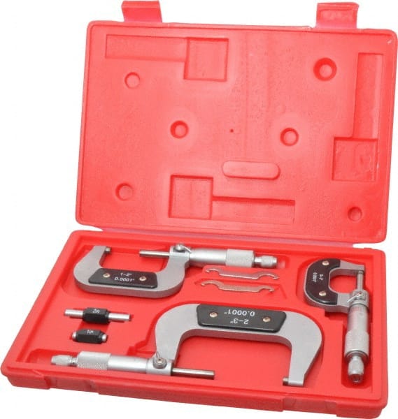 Value Collection - 0 to 3" Range, 3 Piece Mechanical Outside Micrometer Set - 0.0001" Graduation, 0.000160, 0.000200 Accuracy, Ratchet Stop Thimble, Carbide Tipped, Forged Steel (Frame) Face - Exact Tooling