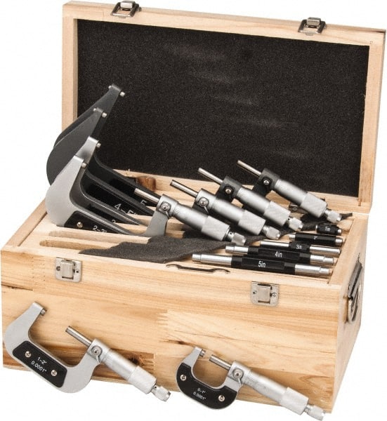 Value Collection - 0 to 6" Range, 6 Piece Mechanical Outside Micrometer Set - 0.0001" Graduation, 0.000160, 0.000200, 0.000240 Accuracy, Ratchet Stop Thimble, Carbide Tipped, Forged Steel (Frame) Face - Exact Tooling