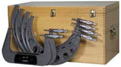 Value Collection - 6 to 12" Range, 6 Piece Mechanical Outside Micrometer Set - 0.0001" Graduation, 0.000280, 0.000320, 0.000360 Accuracy, Ratchet Stop Thimble, Carbide Tipped, Tubular Steel (Frame) Face - Exact Tooling