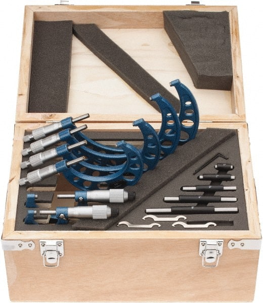 Fowler - 0 to 6 " Range, 6 Piece Mechanical Outside Micrometer Set - 0.0001" Graduation, Friction (0 to 2"), Ratchet Stop (2 to 6") Thimble, Carbide Tipped Face - Exact Tooling