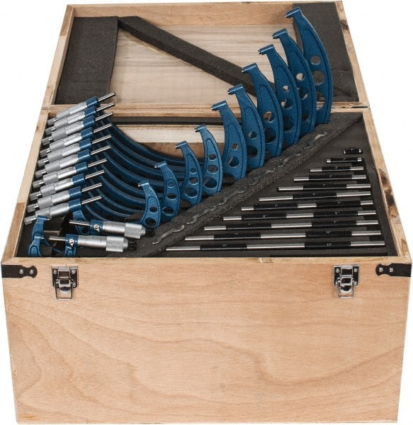 Fowler - 0 to 12" Range, 12 Piece Mechanical Outside Micrometer Set - 0.0001" Graduation, Friction (0 to 2"), Ratchet Stop (2 to 12") Thimble, Carbide Tipped Face - Exact Tooling