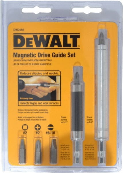 DeWALT - 7 Piece, Magnetic Drive Guide Set - #2, 1/4" Hex Drive, Phillips, Square, Slotted Point - Exact Tooling