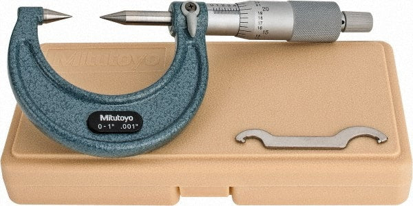 Mitutoyo - 1 Inch, 38mm Throat Depth, Ratchet Stop, Mechanical Point Micrometer - Accurate Up to 0.00015 Inch, 0.001 Inch Graduation, 0.5039 Inch Point Length, 30° Point Angle, 18mm Head Diameter, 6.35mm Spindle Diameter - Exact Tooling
