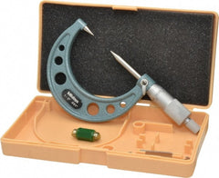 Mitutoyo - 1 to 2 Inch, 49mm Throat Depth, Ratchet Stop, Mechanical Point Micrometer - Accurate Up to 0.00015 Inch, 0.001 Inch Graduation, 0.5039 Inch Point Length, 30° Point Angle, 18mm Head Diameter, 6.35mm Spindle Diameter - Exact Tooling