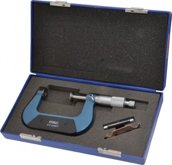 Fowler - 2 to 3 Inch, 0.001 Inch Graduation, Ratchet Stop Thimble, Mechanical Disc Micrometer - 0.00024 Inch Accuracy, 0.787 Inch Disc, 0.256 Inch Spindle - Exact Tooling