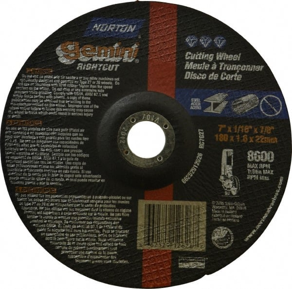 Norton - 7" Wheel Diam, 1/16" Wheel Thickness, 7/8" Arbor Hole, Type 27 Depressed Center Wheel - Aluminum Oxide, 8,600 Max RPM, Compatible with Angle Grinder - Exact Tooling