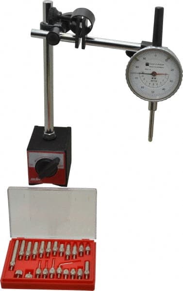 TESA Brown & Sharpe - 0.001" Graduation, 0-100 Dial Reading, Indicator & Base Kit - 2-1/4" Dial Diam - Exact Tooling