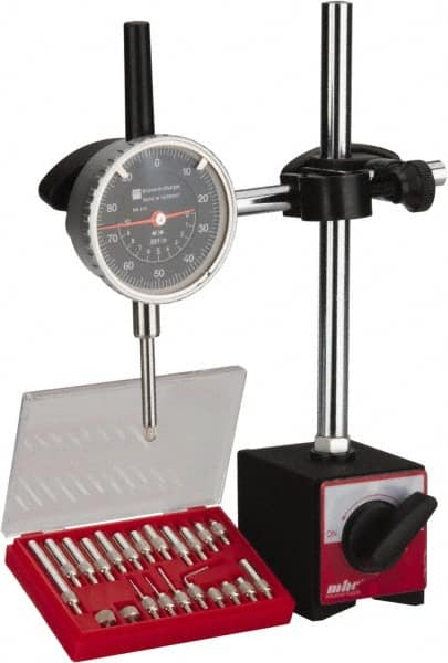 TESA Brown & Sharpe - 0.001" Graduation, 0-100 Dial Reading, Indicator & Base Kit - 2-1/4" Dial Diam - Exact Tooling