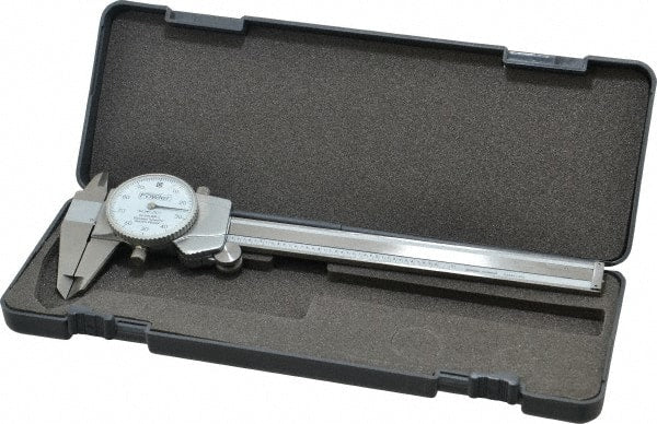 Fowler - 0" to 6" Range, 0.001" Graduation, 0.1" per Revolution, Dial Caliper - White Face, 1.6" Jaw Length - Exact Tooling
