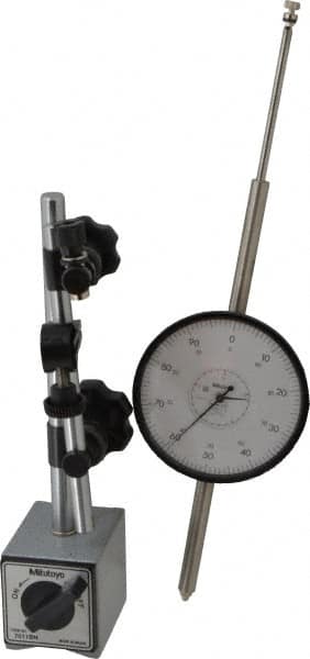 Mitutoyo - 0.001" Graduation, 0-100 Dial Reading, Indicator & Base Kit - 3.56" Dial Diam - Exact Tooling