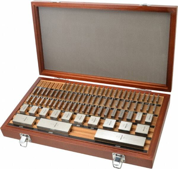 Mitutoyo - 81 Piece, 0.05 to 4", Grade 00, Steel Gage Block Set - Square, 3µ (0.05-1"), 4µ (2"), 5µ (3"), 6µ (4") Tolerance - Exact Tooling