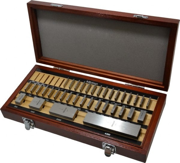 Mitutoyo - 36 Piece, 0.05 to 4", Grade 0, Steel Gage Block Set - Square, 12µ (4"), 5µ (0.05-0.4"), 6µ (0.45-1"), 8µ (2") Tolerance - Exact Tooling