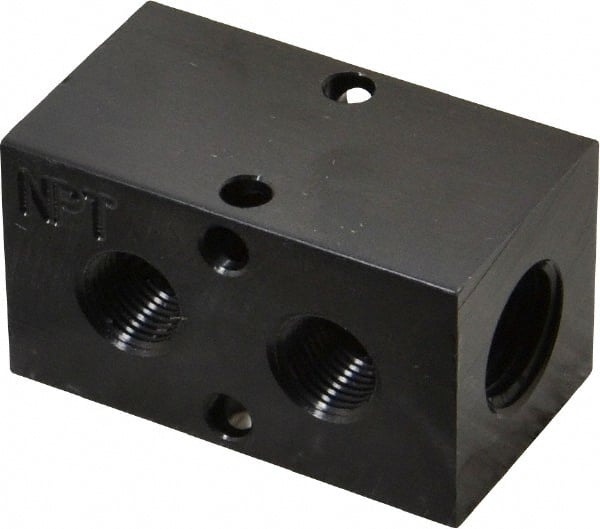 Made in USA - 1/4" Inlet, 1/8" Outlet Manifold - 1-3/4" Long x 1" Wide x 1" High, 0.17" Mount Hole, 2 Inlet Ports, 2 Outlet Ports - Exact Tooling