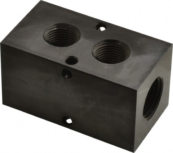 Made in USA - 1/2" Inlet, 3/8" Outlet Manifold - 2-3/4" Long x 1-1/2" Wide x 1-1/2" High, 0.2" Mount Hole, 2 Inlet Ports, 2 Outlet Ports - Exact Tooling