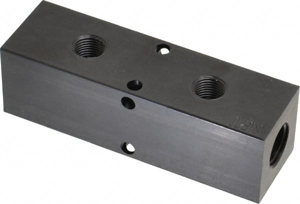 Made in USA - 1/4" Inlet, 1/8" Outlet Manifold - 3-1/4" Long x 1" Wide x 1" High, 0.17" Mount Hole, 2 Inlet Ports, 2 Outlet Ports - Exact Tooling