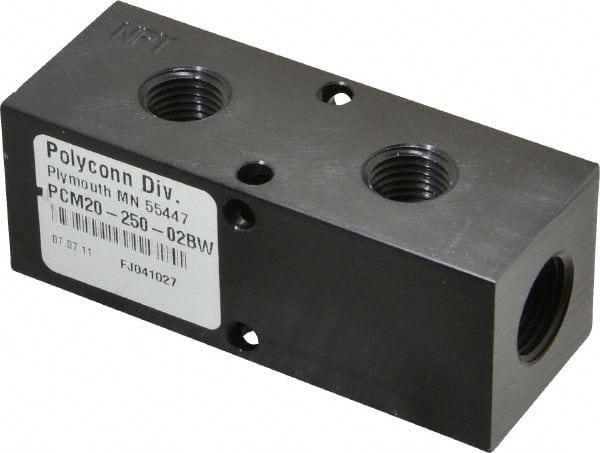 Made in USA - 3/8" Inlet, 1/4" Outlet Manifold - 3-1/4" Long x 1-1/4" Wide x 1-1/4" High, 0.2" Mount Hole, 2 Inlet Ports, 2 Outlet Ports - Exact Tooling