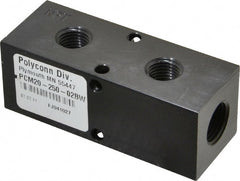 Made in USA - 3/8" Inlet, 1/4" Outlet Manifold - 3-1/4" Long x 1-1/4" Wide x 1-1/4" High, 0.2" Mount Hole, 2 Inlet Ports, 2 Outlet Ports - Exact Tooling