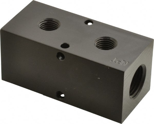 Made in USA - 1/2" Inlet, 1/4" Outlet Manifold - 3-1/4" Long x 1-1/2" Wide x 1-1/2" High, 0.2" Mount Hole, 2 Inlet Ports, 2 Outlet Ports - Exact Tooling