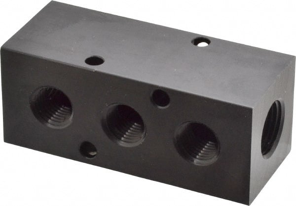 Made in USA - 3/8" Inlet, 1/4" Outlet Manifold - 3-1/4" Long x 1-1/4" Wide x 1-1/4" High, 0.2" Mount Hole, 2 Inlet Ports, 3 Outlet Ports - Exact Tooling